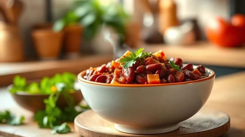 Photorealistic, professional photography, 8K, cinematic lighting, sharp focus, depth of field, shot on a high-end DSLR. A beautifully plated, vibrant bowl of healthy vegetarian chili con carne, rich with red beans, bell peppers, and fresh cilantro, steam gently rising. The setting is a cozy, naturally lit kitchen, emphasizing wholesome, homemade food.
