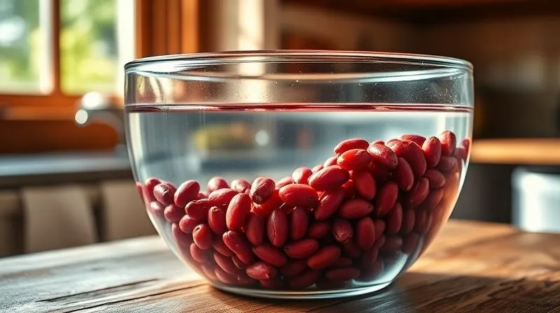 Photorealistic, professional photography, 8K, cinematic lighting, sharp focus, depth of field, shot on a high-end DSLR. A large glass bowl filled with dry red kidney beans, half submerged in clear, fresh water, sitting on a rustic wooden kitchen counter. Sunlight streams in from a window, highlighting the beans. The scene evokes a sense of preparation and natural health.
