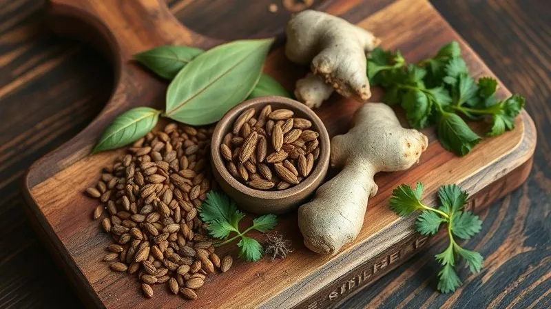 Photorealistic, professional photography, 8K, cinematic lighting, sharp focus, depth of field, shot on a high-end DSLR. A rustic wooden board laid out with a collection of fresh herbs and spices known for aiding digestion: a small bowl of whole cumin seeds, dried bay leaves, fresh ginger root slices, green cilantro leaves, and dried marjoram. The lighting is warm and inviting, emphasizing the natural textures.