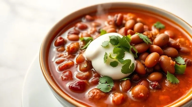 Photorealistic, professional photography, 8K, cinematic lighting, sharp focus, depth of field, shot on a high-end DSLR. A beautifully plated, vibrant bowl of vegan chili with red kidney beans, garnished with fresh cilantro and a dollop of plant-based sour cream. The dish is steaming slightly, indicating warmth and freshness. The background is a clean, modern kitchen table, suggesting a healthy and delicious meal ready to be enjoyed.