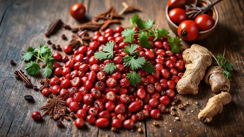 A vibrant, photorealistic flat lay of red kidney beans, various digestive spices (cumin, coriander, ginger), and fresh herbs on a rustic wooden table. The composition is artistic and inviting, with cinematic lighting and sharp focus on the ingredients, suggesting a healthy and flavorful approach to cooking. Photorealistic, professional photography, 8K, cinematic lighting, sharp focus, depth of field, shot on a high-end DSLR.