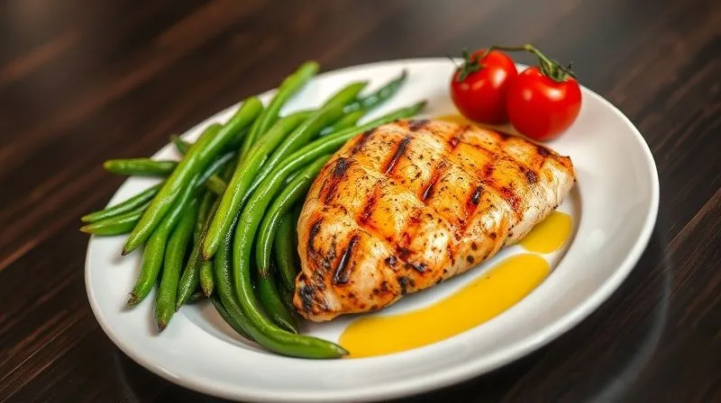 A beautifully plated, balanced dinner featuring vibrant green beans, grilled chicken breast, a few cherry tomatoes, and a drizzle of olive oil. The plate is white, set on a dark wooden table. Photorealistic, professional photography, 8K, cinematic lighting, sharp focus, depth of field.