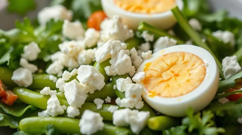 A close-up, photorealistic shot of a vibrant green bean salad with crumbled feta cheese, hard-boiled eggs, and fresh arugula. The dressing glistens on the ingredients. Professional photography, 8K, cinematic lighting, sharp focus on the salad, depth of field blurring the background.