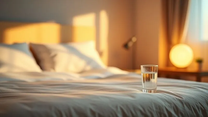 A serene bedroom scene with soft, warm lighting, a neatly made bed, and a glass of water on a bedside table. The focus is on the calming atmosphere, suggesting rest and hydration. Photorealistic, professional photography, 8K, cinematic lighting, sharp focus, depth of field.