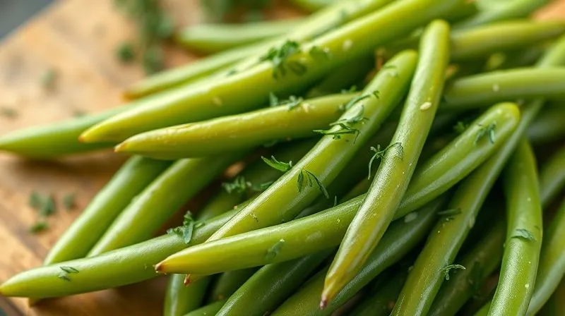 A close-up, photorealistic image of fresh, vibrant green beans, perfectly blanched, sprinkled with finely chopped fresh dill and a hint of garlic. Cinematic lighting, sharp focus on the texture of the beans, depth of field blurring a rustic wooden cutting board in the background. 8K hyper-detailed, professional photography, shot on a high-end DSLR.