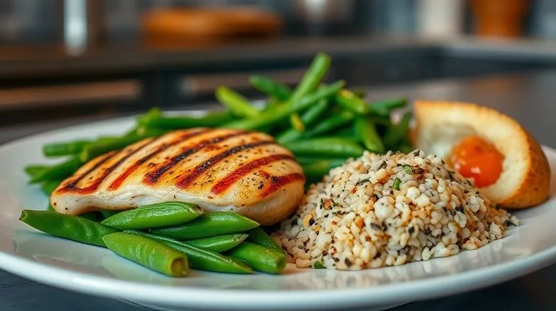 A photorealistic image of a healthy, balanced dinner plate featuring a generous portion of green beans, grilled chicken breast, and a small side of quinoa. The meal is beautifully arranged, with cinematic lighting enhancing the freshness and appeal. Sharp focus on the food, depth of field blurring a modern, clean kitchen setting. 8K hyper-detailed, professional photography, shot on a high-end DSLR.