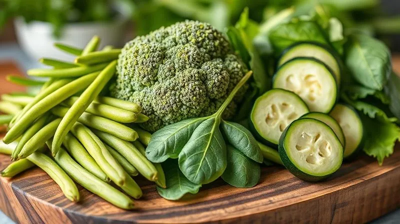 A photorealistic image of a vibrant assortment of fresh, raw vegetables, including green beans, broccoli florets, spinach leaves, and sliced zucchini, beautifully arranged on a rustic wooden board. Cinematic lighting, sharp focus on the textures and colors of the vegetables, depth of field blurring a healthy kitchen background. 8K hyper-detailed, professional photography, shot on a high-end DSLR.