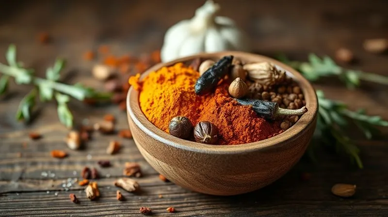 A close-up, photorealistic, professional photography, 8K image of a small wooden bowl filled with vibrant, colorful spices (turmeric, smoked paprika, cumin, black pepper, dried oregano) and fresh garlic cloves, meticulously arranged on a rustic wooden table. Cinematic lighting highlights the textures and colors of the spices. Sharp focus on the spices, with a subtle depth of field blurring the background. Shot on a high-end DSLR, evoking rich flavor and healthy cooking.
