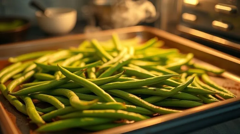 A photorealistic, professional photography, 8K image of vibrant green string beans being roasted in an oven on a baking sheet, with a subtle golden-brown char on some edges. Steam gently rises, illuminated by warm, cinematic lighting. Sharp focus on the beans, with a blurred background of a modern, clean kitchen. Shot on a high-end DSLR, conveying healthy cooking and enhanced flavor.
