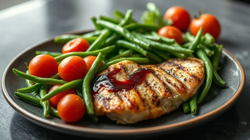 A photorealistic, professional photography, 8K image of a beautifully plated healthy meal. The main focus is on a vibrant portion of green string beans, perfectly seasoned, alongside grilled lean chicken breast and cherry tomatoes. A light balsamic glaze is subtly drizzled. Cinematic lighting enhances the colors and textures. Sharp focus on the food, with a soft depth of field blurring the background of a modern dining table. Shot on a high-end DSLR, evoking delicious and nutritious eating.