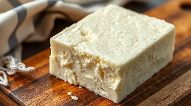 Photorealistic close-up of a block of authentic Greek Feta cheese, still slightly wet from rinsing, on a rustic wooden cutting board with a kitchen towel nearby. The cheese has a slightly crumbly texture, with sharp focus on its surface and cinematic lighting. 8K hyper-detailed, shot on a high-end DSLR.