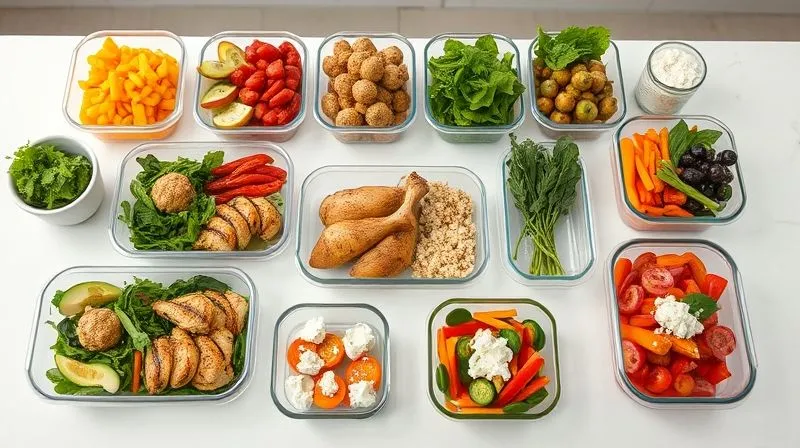 Photorealistic, aerial view of a clean, organized low-carb meal prep spread on a modern kitchen counter. Various containers filled with colorful, healthy ingredients like grilled chicken, roasted vegetables, and small portions of crumbled feta. The lighting is bright and natural, sharp focus on the food, depth of field blurring the background, 8K hyper-detailed, shot on a high-end DSLR.