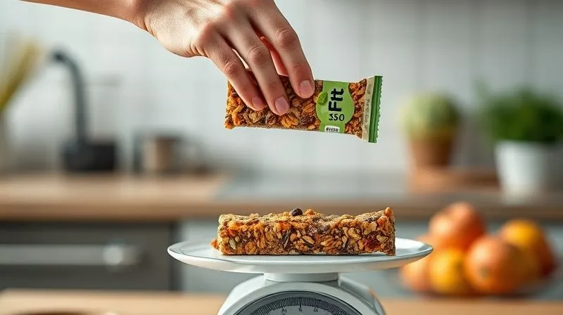 A photorealistic image of a person's hand delicately balancing a fit muesli bar on a scale, with one side showing a vibrant array of delicious, healthy ingredients and the other side showing a single calorie icon, symbolizing the challenge of balancing taste and caloric intake. The background is softly blurred kitchen environment, emphasizing the act of conscious choice. Cinematic lighting, sharp focus on the hand and scale, 8K hyper-detailed, shot on a high-end DSLR, depth of field. The image evokes thoughtful decision-making and the pursuit of equilibrium.