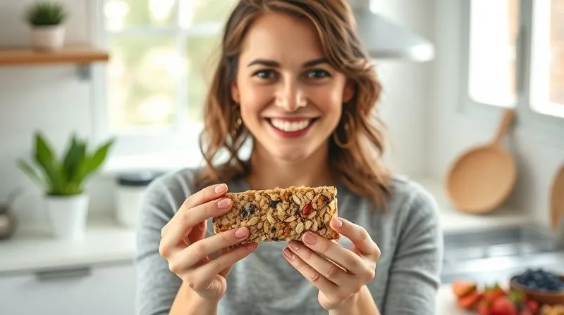 A photorealistic, professional photography, 8K, cinematic lighting, sharp focus, depth of field shot on a high-end DSLR of a smiling, energetic woman in her 30s, perhaps a busy mom, holding a delicious-looking fit muesli bar. She's in a bright, modern kitchen, surrounded by fresh ingredients like oats, berries, and nuts. The image conveys joy, health, and the satisfaction of a wholesome, homemade snack. The lighting is bright and natural, highlighting the freshness of the scene. The woman's expression is one of genuine pleasure and accomplishment.