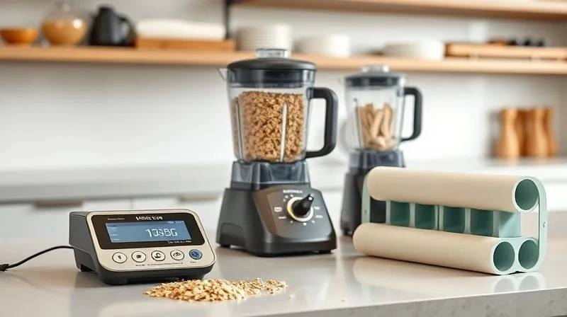 A photorealistic, professional photography, 8K, cinematic lighting, sharp focus, depth of field shot on a high-end DSLR of a neatly organized kitchen counter with essential tools for making fit muesli bars. A digital kitchen scale is prominently displayed with a bowl of oats, a high-speed blender stands ready, and a silicone baking mold sits next to a roll of parchment paper. The background is a clean, modern kitchen. The image conveys efficiency, precision, and ease of preparation in a healthy cooking environment.