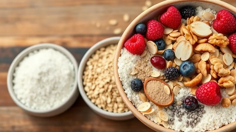 A photorealistic, professional photography, 8K image showcasing three bowls of ingredients. The first bowl contains white refined flour and granulated sugar, appearing bland and artificial. The second bowl holds oats, whole wheat flour, and a few dried cranberries, looking slightly better. The third and largest bowl is overflowing with vibrant, wholesome ingredients: almond flour, chia seeds, flax seeds, chopped walnuts, a scoop of protein powder, and fresh berries, all arranged aesthetically with cinematic lighting and sharp focus, depth of field blurring the background of a modern kitchen, shot on a high-end DSLR.