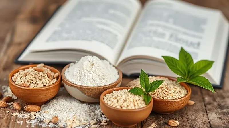 A photorealistic, professional photography, 8K image of a beautifully arranged selection of healthy flours and sweeteners in small, elegant ceramic bowls. Displayed are almond flour, coconut flour, oat flour, erythritol, and stevia leaves, emphasizing natural textures and colors. Cinematic lighting creates soft shadows, sharp focus on the ingredients, depth of field blurring a cookbook in the background, shot on a high-end DSLR, conveying a sense of wholesome baking and mindful choices.