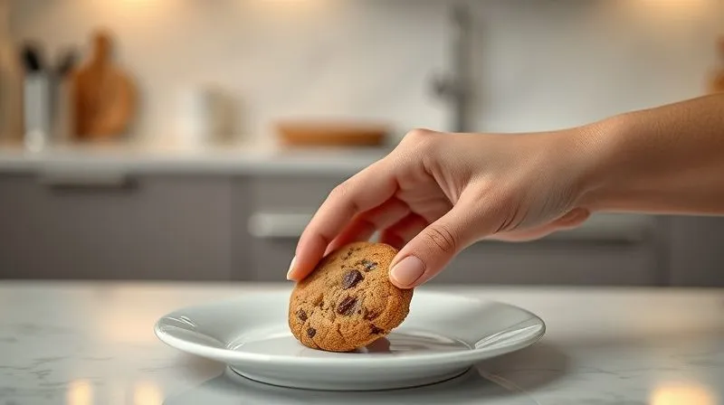 A photorealistic, professional photography, 8K image showing a person's hand carefully selecting a single, perfectly baked, wholesome fit cookie from a small, elegant plate. The background is a softly lit, modern kitchen, slightly out of focus. The scene emphasizes mindful eating and portion control, with cinematic lighting and sharp focus on the cookie and hand, depth of field blurring the background, shot on a high-end DSLR, conveying a sense of balance and healthy indulgence.