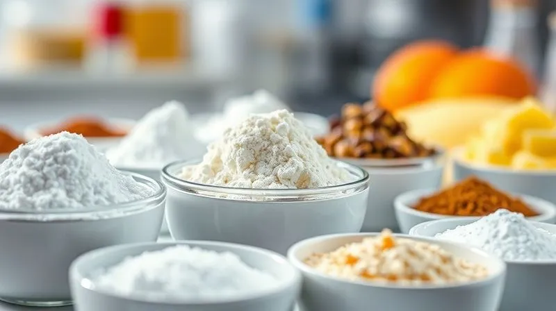 A photorealistic close-up of various artificial sweeteners in small white bowls, with a blurred background of a laboratory or kitchen setting, suggesting chemical analysis versus natural ingredients. The lighting is harsh and clinical, emphasizing the synthetic nature. professional photography, 8K, cinematic lighting, sharp focus, depth of field, shot on a high-end DSLR.