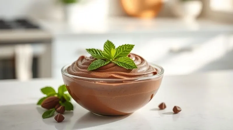 A photorealistic image of a beautifully presented bowl of homemade fit chocolate cream, topped with fresh mint leaves and a few cocoa nibs, resting on a clean, light-colored kitchen counter. The texture of the cream is visible, smooth and rich. Natural light illuminates the scene, creating a fresh and inviting feel. professional photography, 8K, cinematic lighting, sharp focus, depth of field, shot on a high-end DSLR.