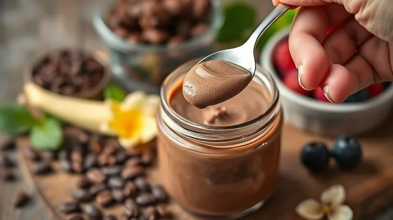 A photorealistic image of a person's hand delicately scooping a spoonful of the fit chocolate cream from a glass jar. The cream looks rich and smooth. In the background, there are neatly organized, fresh ingredients like cocoa beans, vanilla pods, and fresh berries, slightly out of focus. The scene is well-lit, emphasizing freshness and naturalness. professional photography, 8K, cinematic lighting, sharp focus, depth of field, shot on a high-end DSLR.