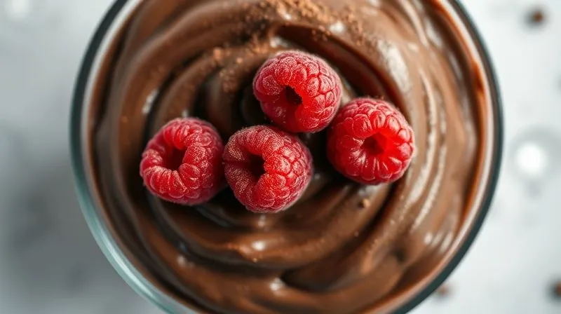 A photorealistic close-up, top-down view of a glass bowl filled with rich, dark fit chocolate mousse, garnished with a few perfectly placed fresh raspberries and a light dusting of cocoa powder. The texture of the mousse is smooth and creamy. Professional photography, 8K, cinematic lighting, sharp focus, depth of field blurring a clean, minimalist background.