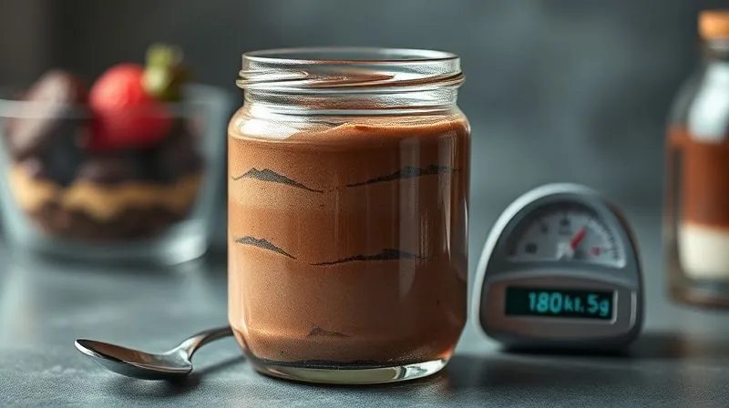 A photorealistic, professional photography, 8K, cinematic lighting image showing a clear glass jar filled with fit chocolate mousse, with a layered cross-section visible. On one side, a small scale displaying '180 kcal' and '5g sugar' is visible, contrasted with a blurred background of a traditional dessert, symbolizing a healthier choice. Sharp focus on the fit mousse and the scale, conveying nutritional information visually.