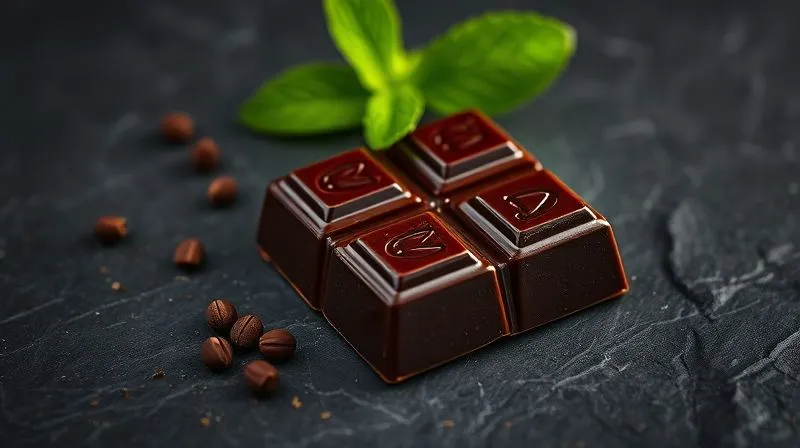 A photorealistic, professional photography, 8K, cinematic lighting, sharp focus, depth of field, shot on a high-end DSLR. Image depicts a single, luxurious square of very dark chocolate (at least 85% cocoa) resting on a textured, dark slate surface, with a sprinkle of cocoa nibs and a few vibrant green mint leaves subtly in the background. The lighting is dramatic, highlighting the rich, glossy surface of the chocolate, conveying purity and indulgence.
