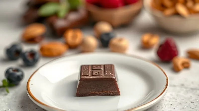 A photorealistic image of a single square of dark chocolate, perfectly placed on a small, elegant white plate, with a background of blurred, healthy ingredients like nuts and berries. Cinematic lighting highlights the texture of the chocolate, sharp focus, depth of field, 8K, professional photography, shot on a high-end DSLR.