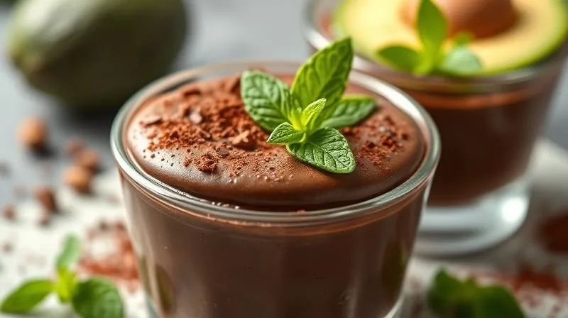 A photorealistic image of a decadent yet healthy looking chocolate avocado mousse in a clear glass ramekin, garnished with fresh mint and a sprinkle of cocoa powder. Soft, inviting cinematic lighting, sharp focus, depth of field, 8K, professional photography, shot on a high-end DSLR.