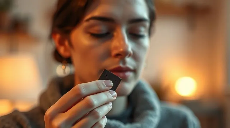 A photorealistic image of a person mindfully enjoying a small piece of dark chocolate, eyes closed slightly in focus, against a softly blurred background of a cozy, calm setting. The lighting is warm and inviting, emphasizing a moment of peace and sensory pleasure. Sharp focus on the person's expression and the chocolate, depth of field, 8K, professional photography, shot on a high-end DSLR.
