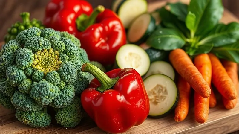 A vibrant, close-up photorealistic image of a variety of fresh, colorful vegetables – including broccoli florets, red bell peppers, zucchini slices, carrots, and spinach leaves – artfully arranged on a rustic wooden cutting board, with water droplets glistening on their surfaces. Cinematic lighting highlights the textures and natural colors, creating a sense of freshness and health. Sharp focus on the foreground vegetables, with a soft, natural bokeh in the background. 8K hyper-detailed, professional photography.