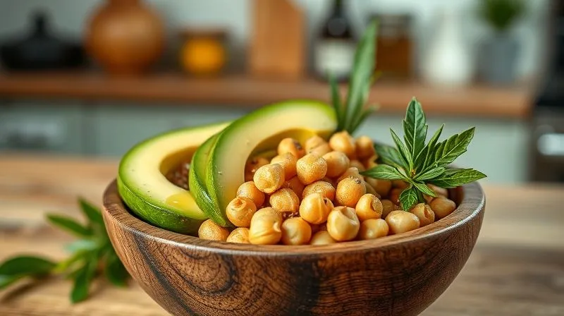 A close-up, photorealistic image of a small, rustic wooden bowl filled with a mix of healthy fats and proteins: glistening green avocado slices, a handful of golden roasted chickpeas, a sprinkle of chia seeds, and a drizzle of rich olive oil. The ingredients are arranged artfully, with soft, natural light emphasizing their textures and freshness. Sharp focus on the foreground elements, with a gently blurred background of a modern, clean kitchen. 8K hyper-detailed, professional photography.