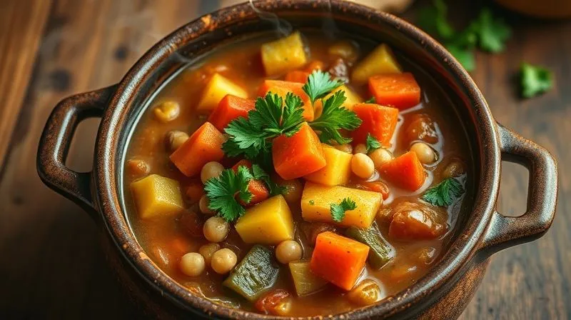 A close-up, top-down photorealistic image of a vibrant, freshly prepared vegetable stew in a rustic, deep ceramic bowl. The stew is rich with visible chunks of colorful vegetables like bell peppers, zucchini, carrots, and chickpeas, generously garnished with fresh green cilantro. Steam gently rises from the hot dish, illuminated by soft, natural light. The background is a slightly blurred, warm wooden table. Sharp focus on the texture and freshness of the stew, 8K hyper-detailed, professional photography.