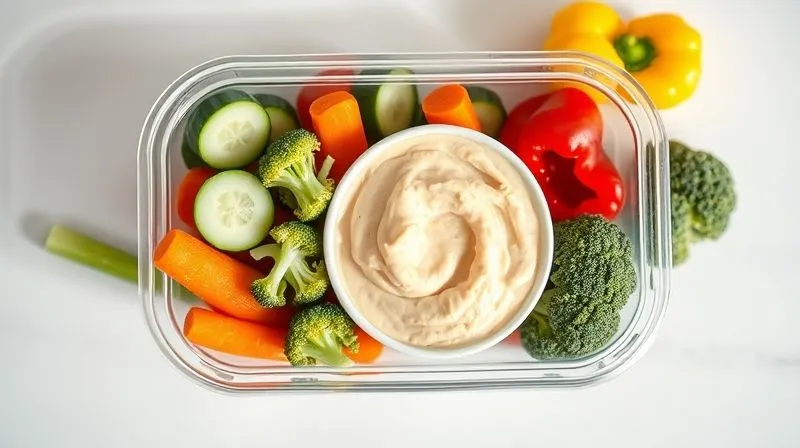 Photorealistic image of a vibrant, colorful assortment of raw vegetables (carrots, bell peppers, cucumber, broccoli florets) neatly arranged around a small bowl of creamy hummus, all within a modern, transparent lunchbox. The scene is bright and fresh, emphasizing health and convenience. Cinematic lighting, sharp focus on the food, depth of field blurring a light background, 8K, professional photography, shot on a high-end DSLR.