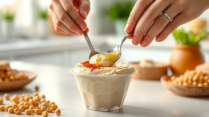 Photorealistic image of a person's hands in a bright, modern kitchen, scooping homemade hummus into a small, reusable container. The hummus is creamy and garnished with a sprinkle of paprika and a drizzle of olive oil. In the background, fresh chickpeas and tahini are visible, emphasizing the homemade aspect. Cinematic lighting, sharp focus on the hands and hummus, depth of field blurring the background, 8K, professional photography, shot on a high-end DSLR.
