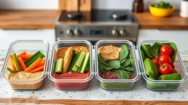 Photorealistic image of a diverse set of lunchboxes neatly arranged on a kitchen counter, each filled with a different variation of hummus and colorful vegetables. One lunchbox might have classic hummus with carrots and cucumbers, another with beet hummus and bell peppers, and a third with spinach hummus and cherry tomatoes. The scene is organized and suggests meal preparation, with good lighting, sharp focus, and depth of field. 8K, professional photography, shot on a high-end DSLR.