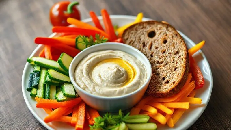 Photorealistic, professional photography of a perfectly portioned breakfast plate. In the center, a small, elegant bowl of creamy hummus (approx. 50g), surrounded by an abundance of artfully arranged, vibrant fresh vegetables: crisp cucumber sticks, bright red and yellow bell pepper strips, slender carrot sticks, and a few cherry tomatoes. A single slice of whole-grain toasted bread is neatly placed beside the hummus. The composition is clean, bright, and emphasizes healthy eating. 8K, cinematic lighting, sharp focus on the food, depth of field blurring a subtle background, shot on a high-end DSLR.