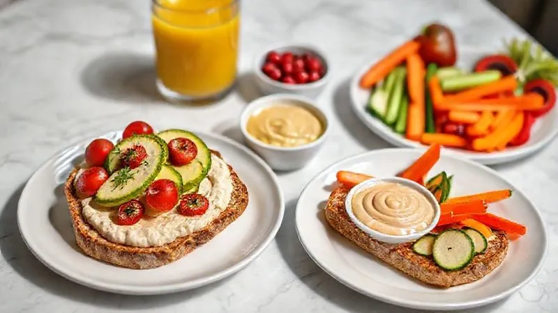 Photorealistic, professional photography of a vibrant, healthy breakfast table. One plate features a whole-grain toast topped with a thin layer of hummus, sliced avocado, and cherry tomatoes. Another plate holds a colorful array of raw vegetables like carrot sticks, cucumber slices, and bell pepper strips, with a small bowl of hummus for dipping. A glass of fresh orange juice and a small bowl of berries are also visible. The scene is bright, natural, and emphasizes fresh, balanced ingredients. 8K, cinematic lighting, sharp focus on the food, depth of field creating a soft background, shot on a high-end DSLR.