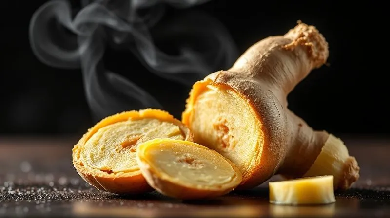 photorealistic, professional photography, 8K, cinematic lighting, sharp focus, depth of field, shot on a high-end DSLR, a close-up of fresh ginger root, cut open to reveal its fibrous texture, with steam subtly rising, suggesting warmth and potency, on a dark, elegant background.