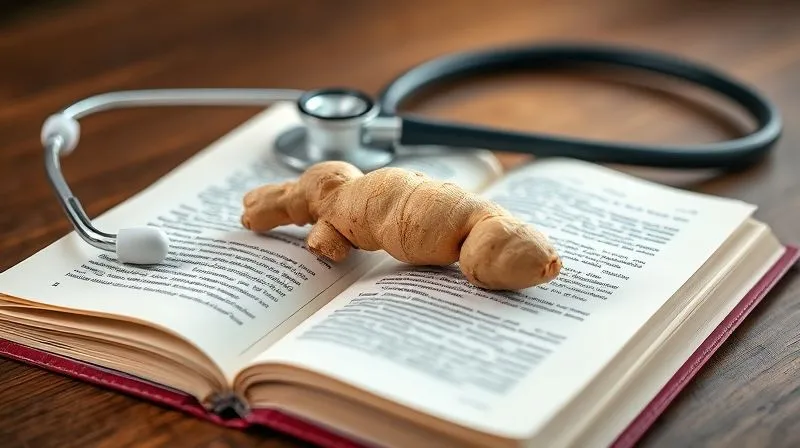 photorealistic, professional photography, 8K, cinematic lighting, sharp focus, depth of field, shot on a high-end DSLR, a single fresh ginger root placed gently on an open medical journal, with a stethoscope subtly in the background, conveying a sense of caution and expert advice, soft, diffused light.