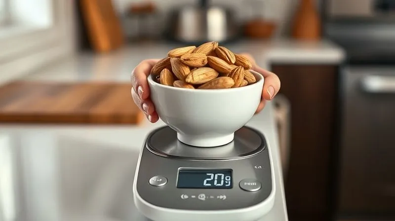 Photorealistic, professional photography of a hand holding a small ceramic bowl filled with perfectly measured raw almonds on a digital kitchen scale, the scale displaying '20g', cinematic lighting, sharp focus on the scale and almonds, depth of field blurring a clean kitchen countertop in the background, 8K, shot on a high-end DSLR.