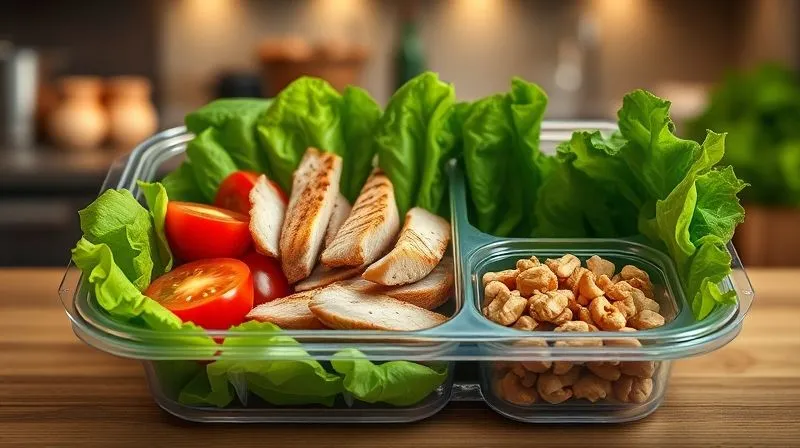 Photorealistic, professional photography of a meal prep container, clearly showing portioned ingredients: vibrant green lettuce, cherry tomatoes, grilled chicken strips, and a small, separate compartment with precisely measured chopped walnuts, cinematic lighting, sharp focus on the food, depth of field blurring a modern kitchen background, 8K, shot on a high-end DSLR.
