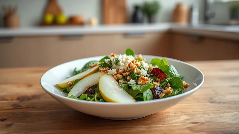 Photorealistic, professional photography of a gourmet fitness salad with vibrant greens, sliced pear, crumbled feta cheese, and a light sprinkling of precisely chopped walnuts, served in a modern white bowl on a wooden table, cinematic lighting, sharp focus on the salad, depth of field blurring a minimalist kitchen background, 8K, shot on a high-end DSLR.