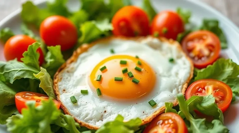 A beautifully arranged plate featuring a perfectly fried egg (low-calorie style) surrounded by vibrant, fresh, green salad leaves, cherry tomatoes, and a sprinkle of chopped chives. The composition is bright and inviting, emphasizing healthy eating. Photorealistic, professional photography, 8K, cinematic lighting, sharp focus, depth of field, shot on a high-end DSLR.