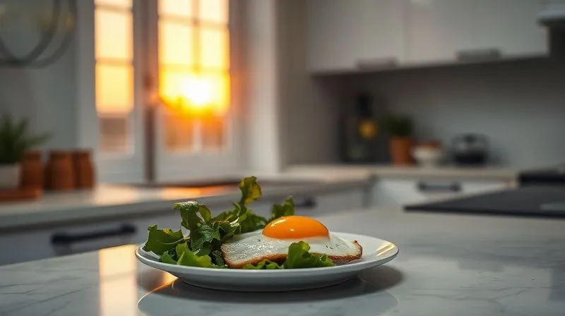 A serene, minimalist kitchen counter at dusk, with a single, perfectly plated low-calorie fried egg and fresh greens, illuminated by a warm, soft light filtering through a window. The scene evokes a sense of peace, health, and mindful eating. Photorealistic, professional photography, 8K, cinematic lighting, sharp focus, depth of field, shot on a high-end DSLR.