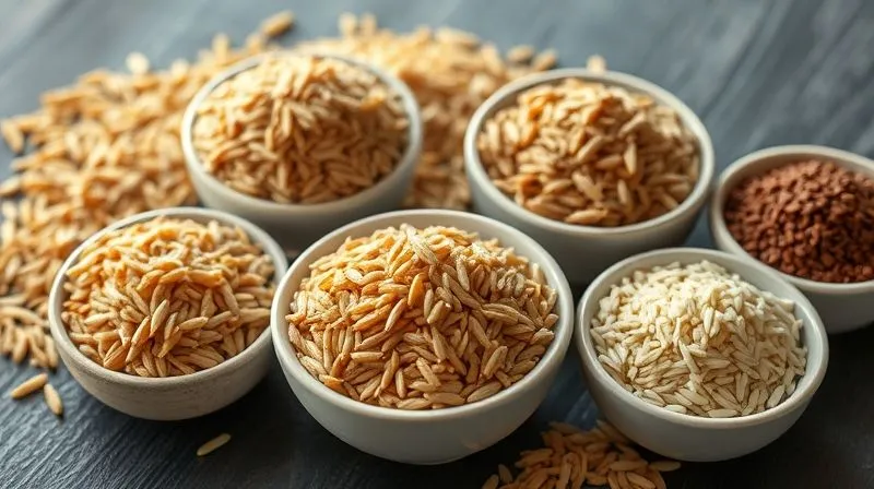 A close-up, photorealistic, professional photography, 8K, cinematic lighting, sharp focus, depth of field, shot on a high-end DSLR image of various types of uncooked brown rice (long-grain, short-grain, basmati, jasmine) displayed in small, elegant ceramic bowls on a dark wooden surface, highlighting their distinct textures and colors. Subtle natural light illuminates the scene, emphasizing the rich, earthy tones of the grains.