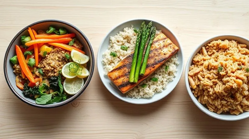 A vibrant, photorealistic, professional photography, 8K, cinematic lighting, sharp focus, depth of field, shot on a high-end DSLR image of three distinct, mouth-watering fitness meals featuring gluten-free brown rice. One bowl shows a colorful Buddha bowl with roasted vegetables and a creamy dressing, another a lean grilled salmon with herb brown rice and green asparagus, and the third a spicy chicken curry with fluffy brown rice. All dishes are beautifully presented on a light wooden table, exuding health and deliciousness.