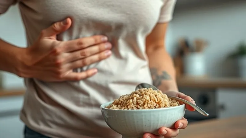 A professional, photorealistic, 8K, cinematic lighting, sharp focus, depth of field, shot on a high-end DSLR image of a person gently touching their stomach, looking thoughtfully at a bowl of brown rice, with a blurred background of a modern, minimalist kitchen. The scene conveys introspection and mindful eating, emphasizing the importance of listening to one's body. Soft, natural light highlights the details of the food and the person's serene expression.