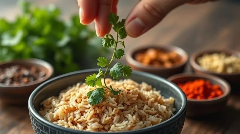 A close-up, photorealistic, professional photography, 8K, cinematic lighting, sharp focus, depth of field, shot on a high-end DSLR image of a hand sprinkling fresh herbs (like cilantro and parsley) over a steaming bowl of brown rice, with an array of colorful spices in small bowls in the blurred background. The image emphasizes freshness, aroma, and the act of adding flavor, creating an inviting and inspiring culinary scene.